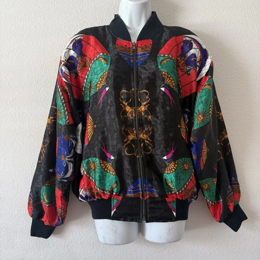 VTG 80s Monaliza Satin Bomber Jacket Celestial Sun Moon Cherub Print Black OS